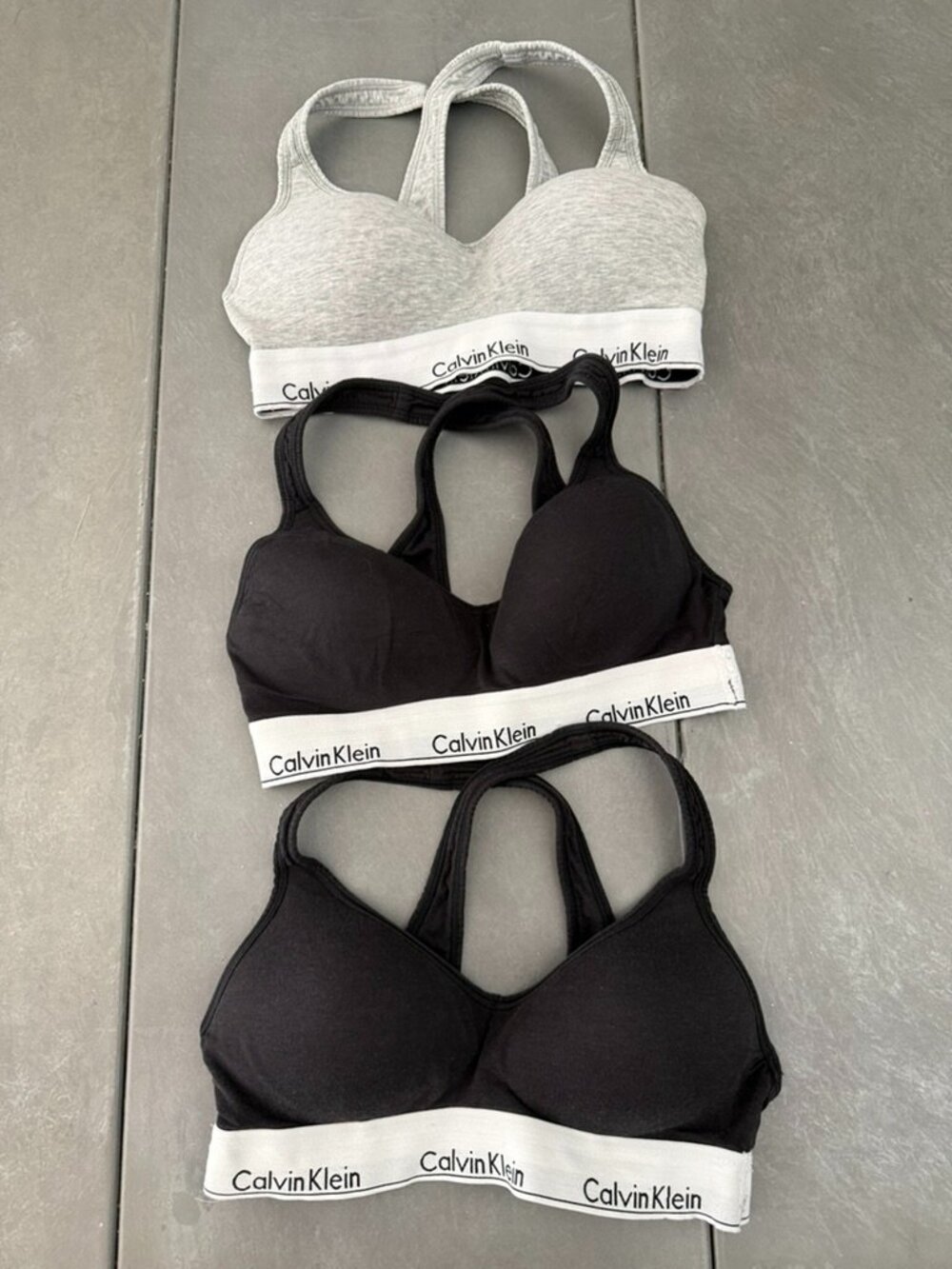 Calvin Klein Logo Sports Bra Bundle 3 Pack Black Gray Racerback Size Medium